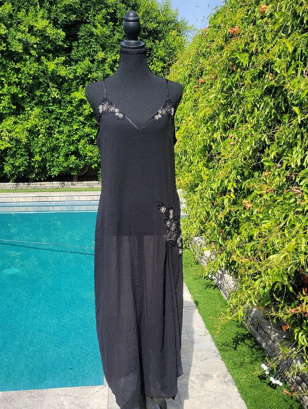 Linea Donatella Sheer Black Floral Embellished Nightgown Lingerie Size M